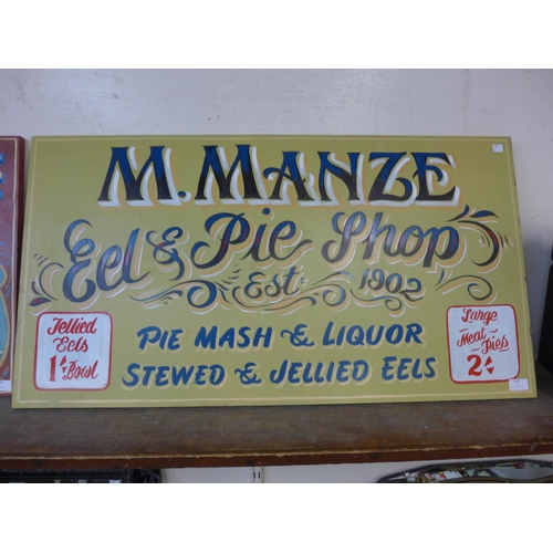 407 - A painted wooden M. Manze Eel and Pie Shop sign