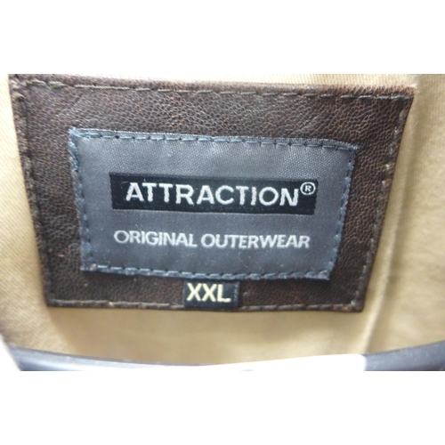 2210 - Attraction gents brown leather jacket with integral hoody, size XXL