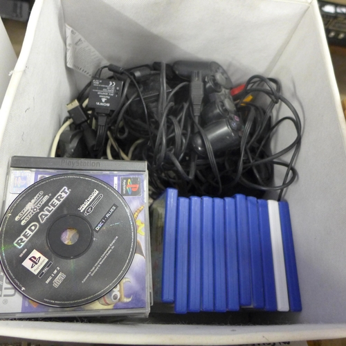 2282 - 2 PS1 Playstation consoles, PS2 consoles and a PS3 console plus leads, controllers and 28 games