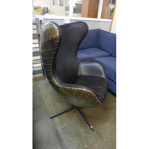 1356 - An Aviator Keeler black leather and vintage jet brass egg chair