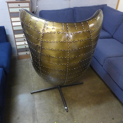 1356 - An Aviator Keeler black leather and vintage jet brass egg chair