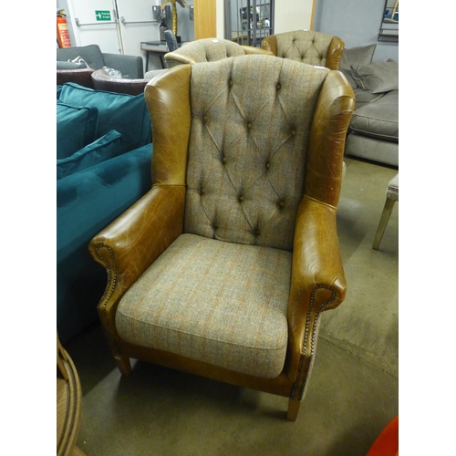 1389 - A Fast Track Kew hunting lodge Harris tweed and Cerato leather armchair