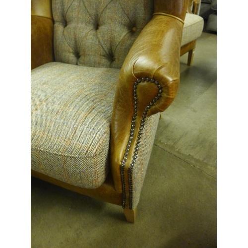 1389 - A Fast Track Kew hunting lodge Harris tweed and Cerato leather armchair