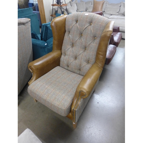 1390 - A Fast Track Kew hunting lodge Harris tweed and Cerato leather armchair