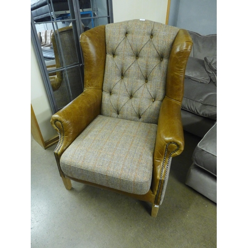 1401 - A Fast Track Kew hunting lodge Harris tweed and Cerato leather armchair