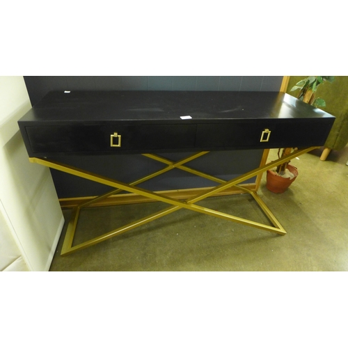 1412 - A two drawer black console table with gold legs