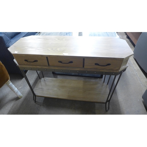 1492 - A wooden and metal three drawer console table