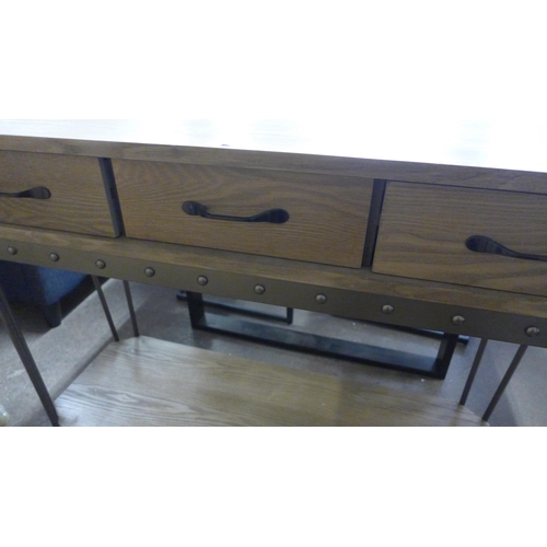 1492 - A wooden and metal three drawer console table