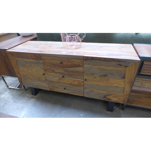 1544 - A hardwood and black metal two door and three drawer sideboard