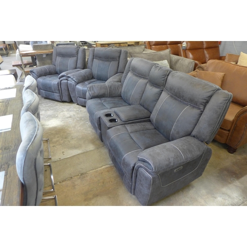 1559 - A Burnley charcoal faux leather and white stitching two seater power reclining sofa with centre cons... 