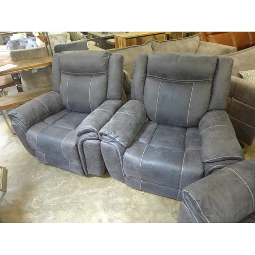 1559 - A Burnley charcoal faux leather and white stitching two seater power reclining sofa with centre cons... 