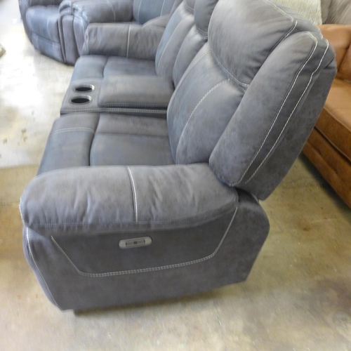 1559 - A Burnley charcoal faux leather and white stitching two seater power reclining sofa with centre cons... 