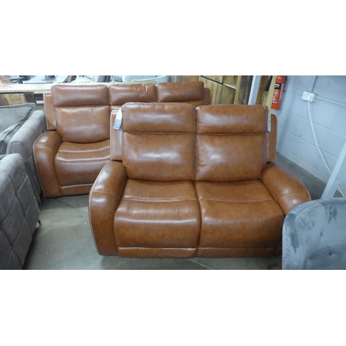 1572 - A Raffa chestnut leather effect and brown stitching three seater and two seater sofa