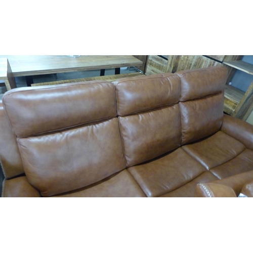 1572 - A Raffa chestnut leather effect and brown stitching three seater and two seater sofa