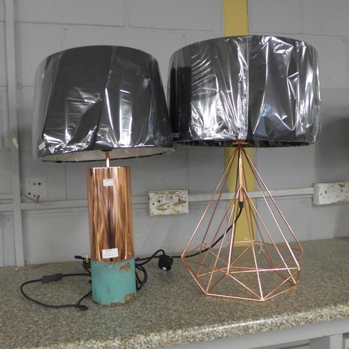 1579 - A copper effect geometric lamp and a copper effect cylinder lamp both with black shades