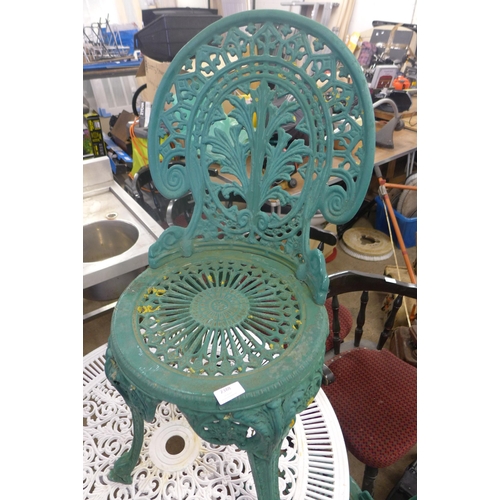 2388 - Metal garden table and two green chairs