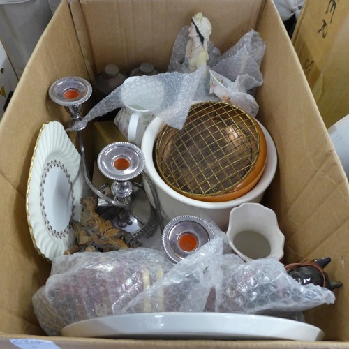 2106 - Box of assorted ceramics & a WWII beer can etc.