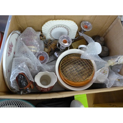 2106 - Box of assorted ceramics & a WWII beer can etc.