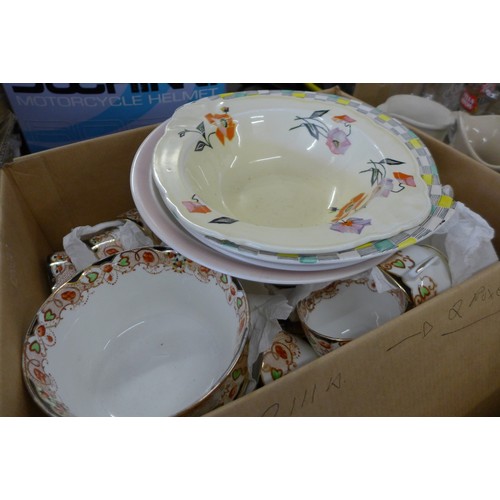 2111a - Gladstone gilt vintage china floral hearts tea service plus 4 mixed serving dishes