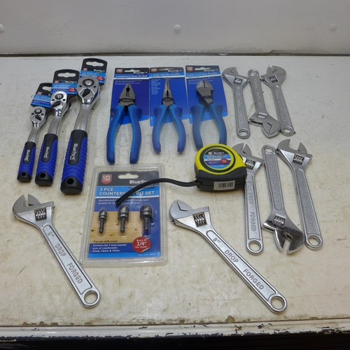 2416 - 8 adjustable spanners, 3 pairs mixed pliers and countersink bit set, tapemeasure and 3 different siz... 