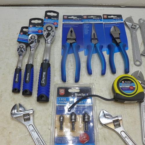 2416 - 8 adjustable spanners, 3 pairs mixed pliers and countersink bit set, tapemeasure and 3 different siz... 