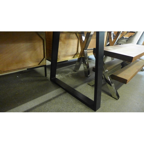 1566 - A hardwood and black metal dining table