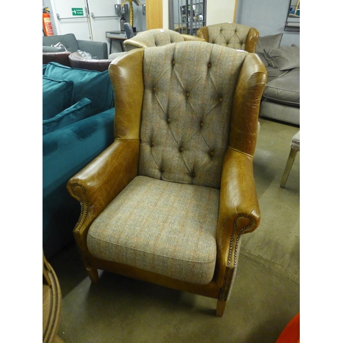 1388 - A Fast Track Kew hunting lodge Harris tweed and Cerato leather armchair