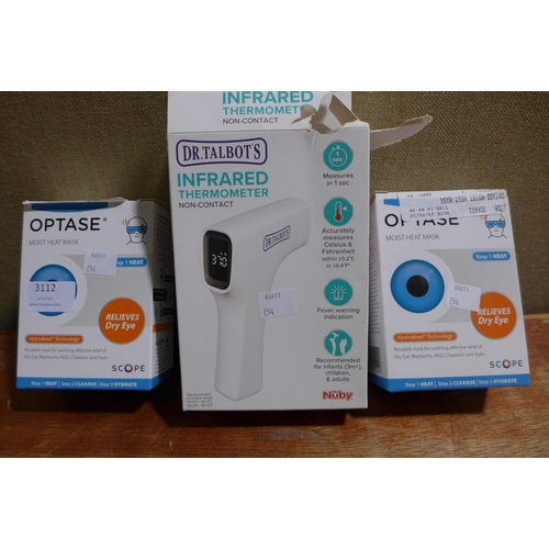 3112 - 2x Optase Moist Heat Mask and Dr. Talbot'S Non-Contact Thermometer (254-604.625)   * This lot is sub... 