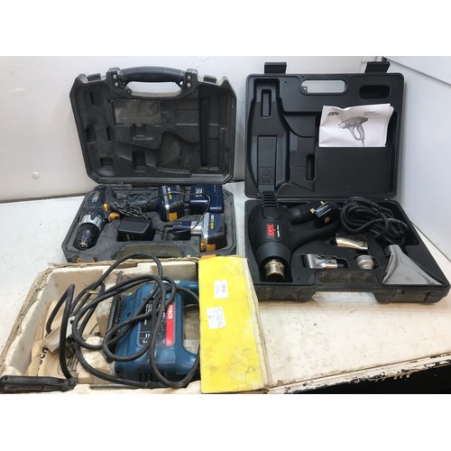 2016 - Bosch 240V jigsaw, McAllister cordless drill with charger & 2 batteries and Skil heat gun - all W