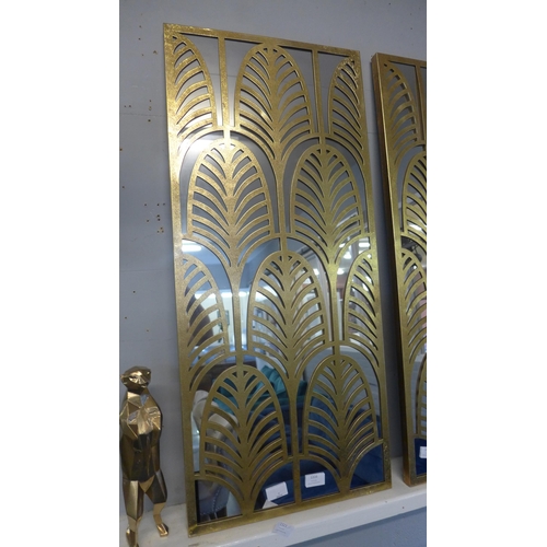 1328 - A rectangular gold metal Art Deco style mirrored wall art, H 90cm x W40 (71-33437)   #