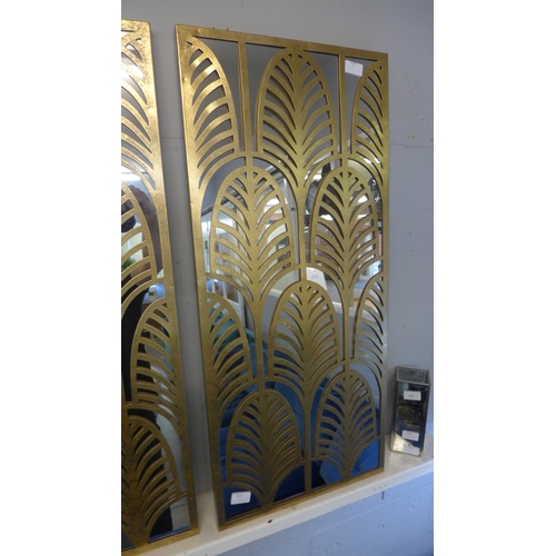 1329 - A rectangular gold metal Art Deco style mirrored wall art, H 90cm x W40 (71-33437)   #