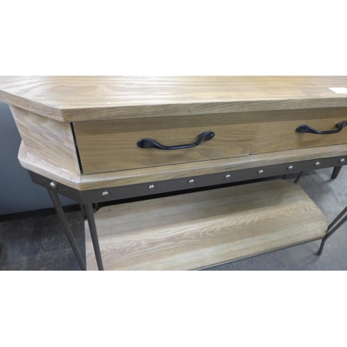 1427 - A wood and metal industrial style three drawer console table