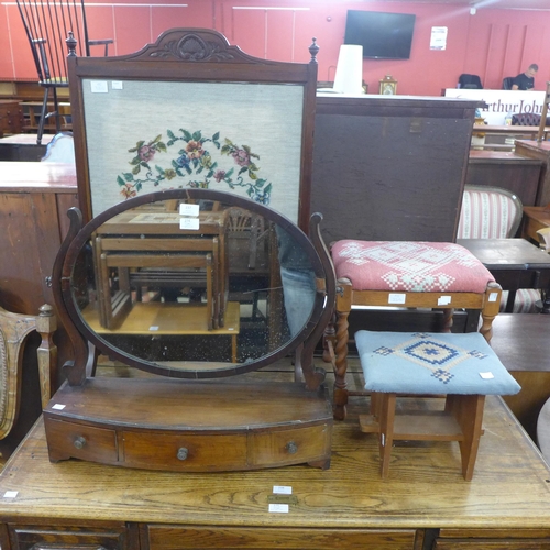 237 - A George IV inlaid mahogany toilet mirror, an embroidered firescreen, two stools and two prints