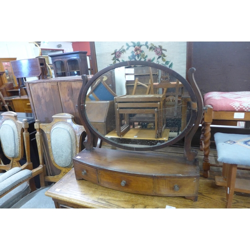 237 - A George IV inlaid mahogany toilet mirror, an embroidered firescreen, two stools and two prints