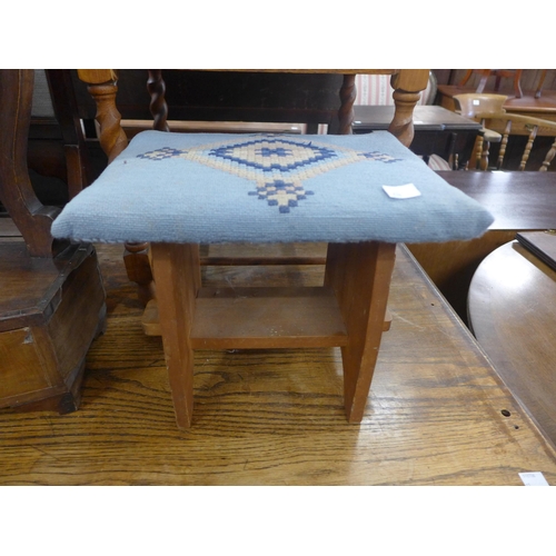 237 - A George IV inlaid mahogany toilet mirror, an embroidered firescreen, two stools and two prints