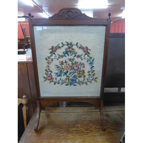 237 - A George IV inlaid mahogany toilet mirror, an embroidered firescreen, two stools and two prints