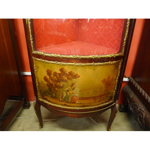 3 - A French Louis XV style mahogany anf gilt metal mounted Vernis Martin corner vitrine, 152cms h, 656c... 