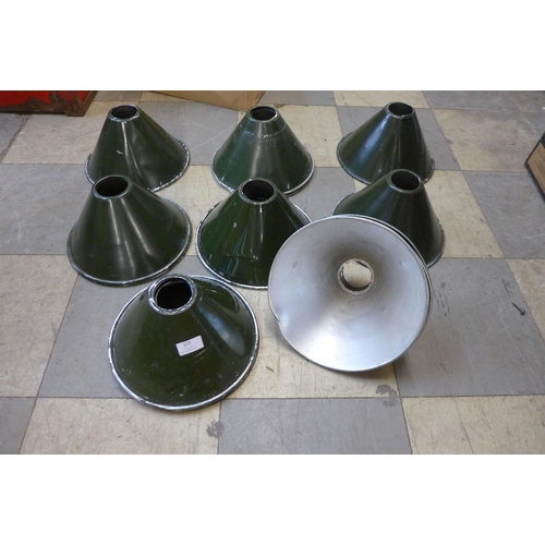 329 - Fourteen industrial green enamelled lamp shades