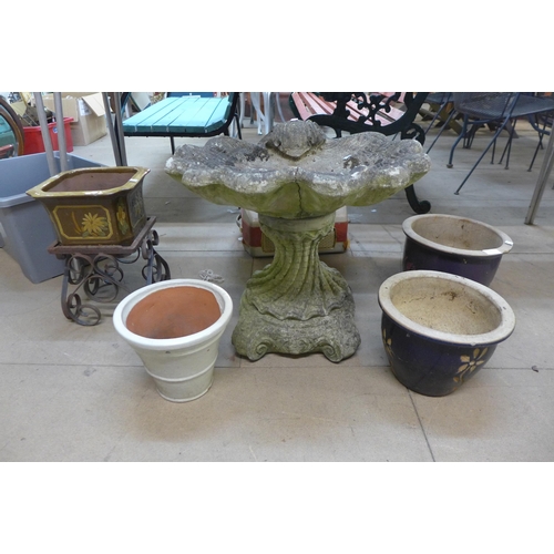 348 - A concrete bird bath and assorted plant pots