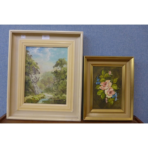 359 - John Grain (Derbyshire artist), still life of flowers and a landscape, oils on board, both framed