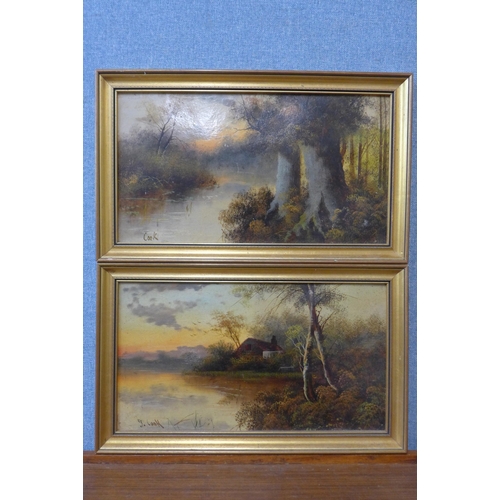 363 - F. Cooke, pair of lake scenes at sunset, oil on board, framed