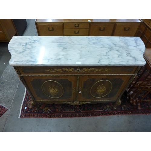 5 - A French Louis XV style inlaid walnut, gilt metal and marble toped credenza, 93cms h, 142cms w, 46cm... 