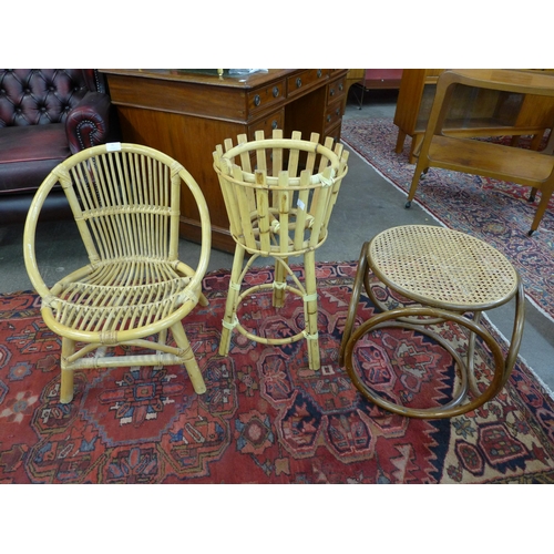 91 - A bamboo child's chair, a bentwood stool and a bamboo jardiniere stand