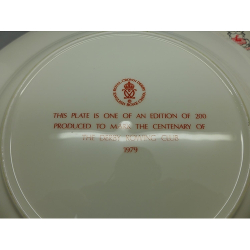 604 - A Royal Crown Derby Rowing Club Centenary plate with certificate, 27cm