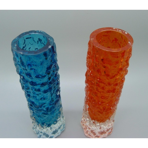 641 - Two Whitefriars glass bark type finger vases, in kingfisher blue and tangerine, small chips on rims,... 