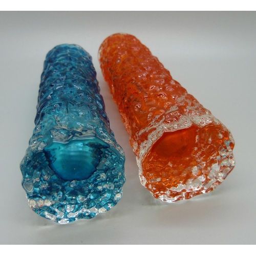 641 - Two Whitefriars glass bark type finger vases, in kingfisher blue and tangerine, small chips on rims,... 