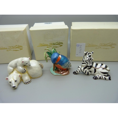 654 - Three Hidden Treasures; Polar Bear, Kingfisher and Zebra, boxed