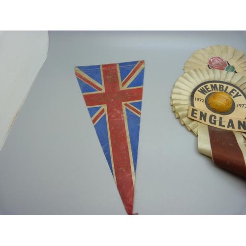 663 - Three England rosettes and one 1966-1970 pennant