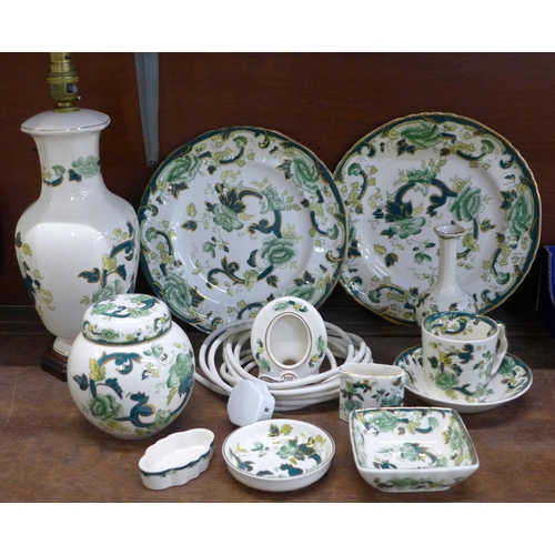 668 - Mason's Chartreuse pottery, a table lamp, ginger jar, two plates, etc.