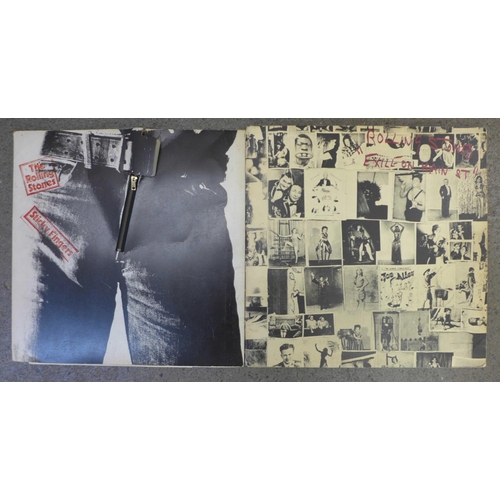 671 - Rolling Stones LP records, Exile on Main Street, gatefold sleeve and Sticky Fingers with real zip co... 